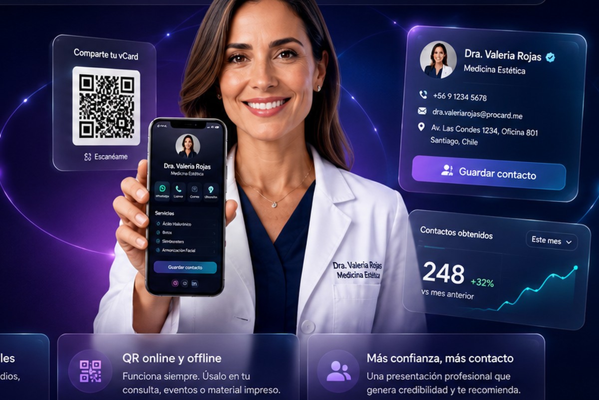 Profesional mostrando una tarjeta digital ProCard con QR